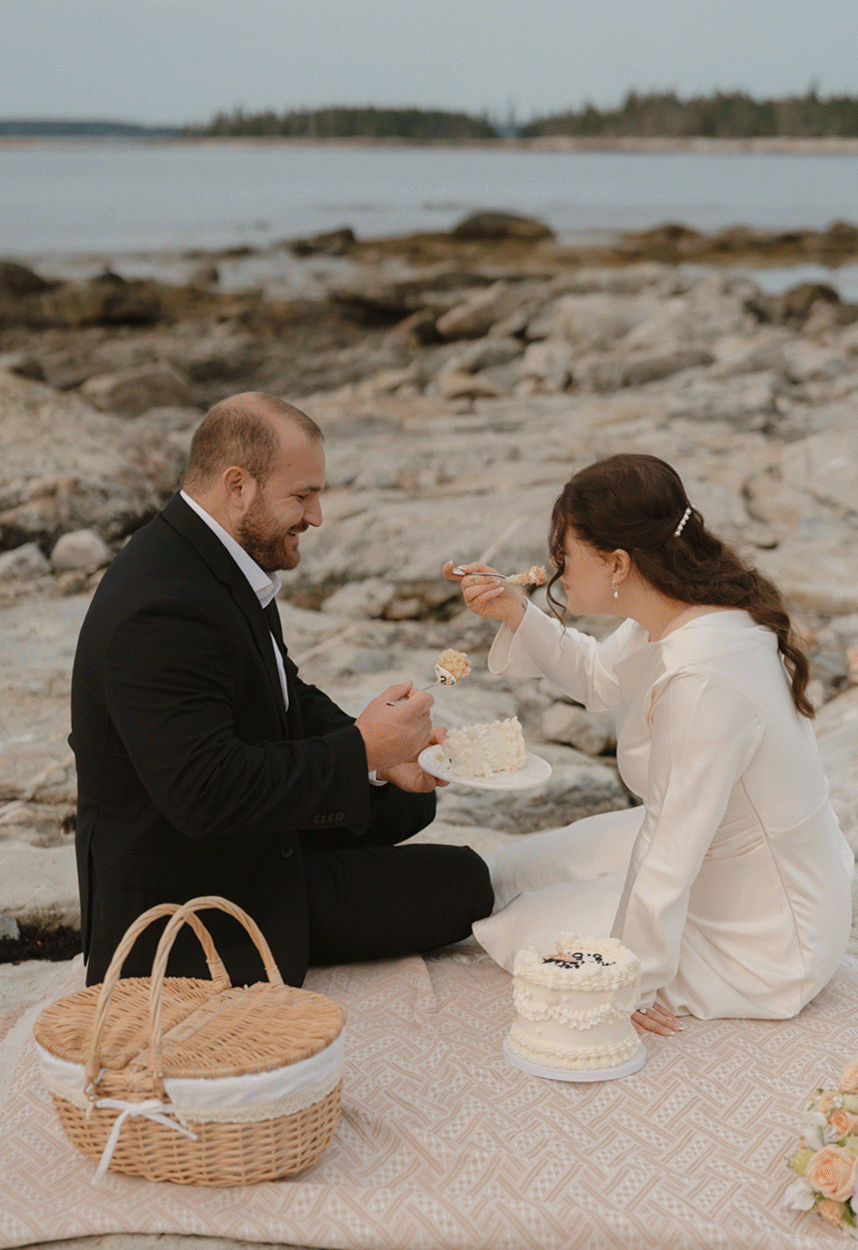 Acadia elopement couple eating cake after cake cutting on picnic blanket in southwest harbor gif