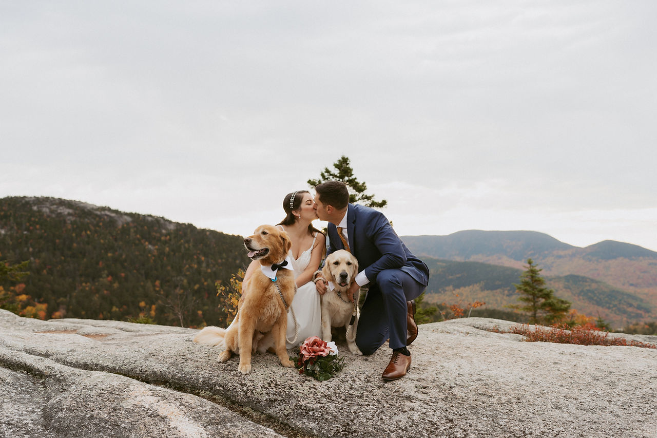 Franconia Notch Fall Elopement couple on mountain top in white mountains