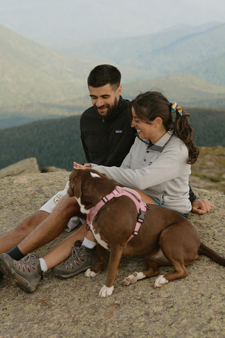 franconia ridge proposal couple on mountain top in nh in white mountains on mount lafayette proposing with dog