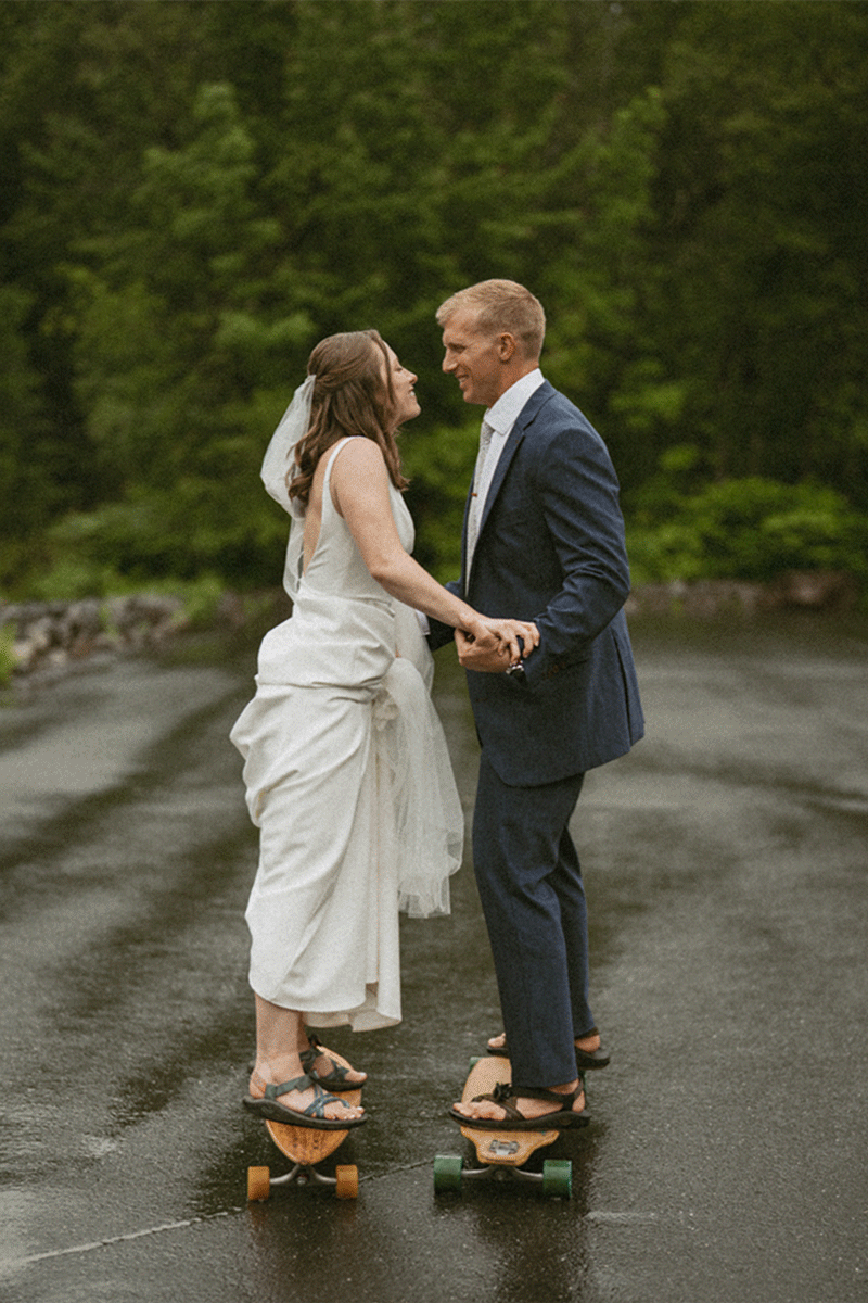 nh elopement couple longboarding on wedding day gif