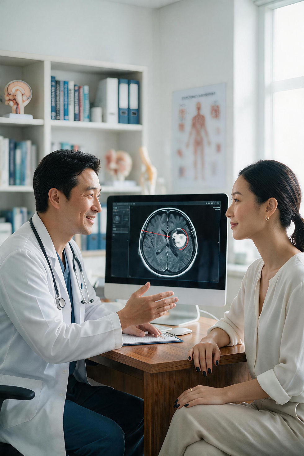 A professional East Asian male doctor at Asia Hyperbaric Centre explaining a brain MRI scan, which indicates an intracranial abscess, to an attentive female patient.
一名亞洲高壓氧中心的專業亞裔男醫生,正向一名專注的女性患者解釋顯示有顱內膿瘍的腦部 MRI 掃描圖。