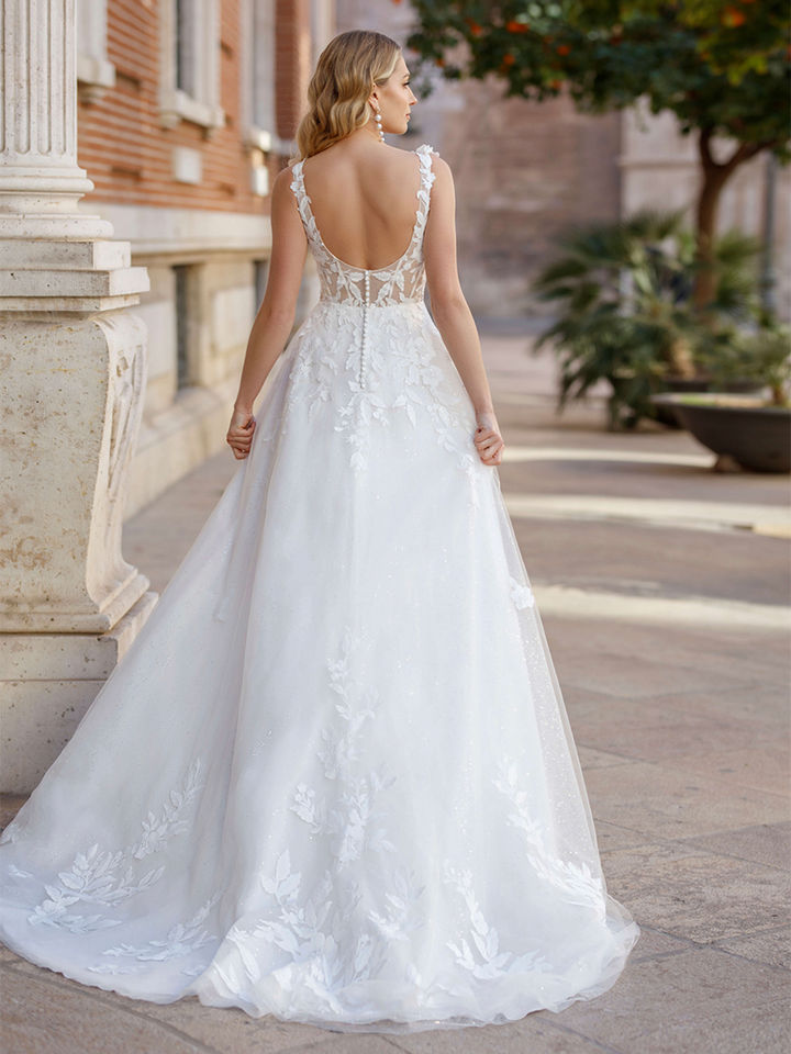 Rückenfreies A-Linien Brautkleid mit Spitze und Tüllschleppe – modernes Boho Hochzeitskleid für Bräute