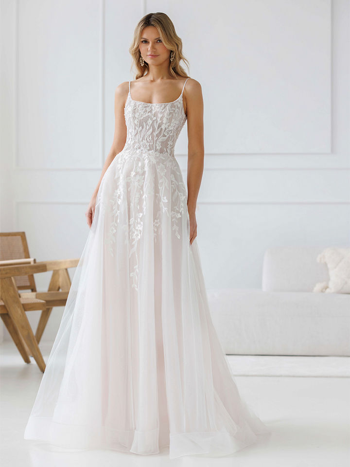 Off-Shoulder Satin Brautkleid mit tiefem Ausschnitt und Schleppe – modernes elegantes A-Linien Brautkleid