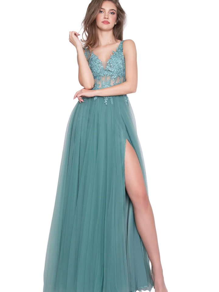 Mintgrünes Hofstaatkleid mit Beinschlitz und fließendem Chiffonrock – elegantes Schützenfestkleid und modernes Abendkleid