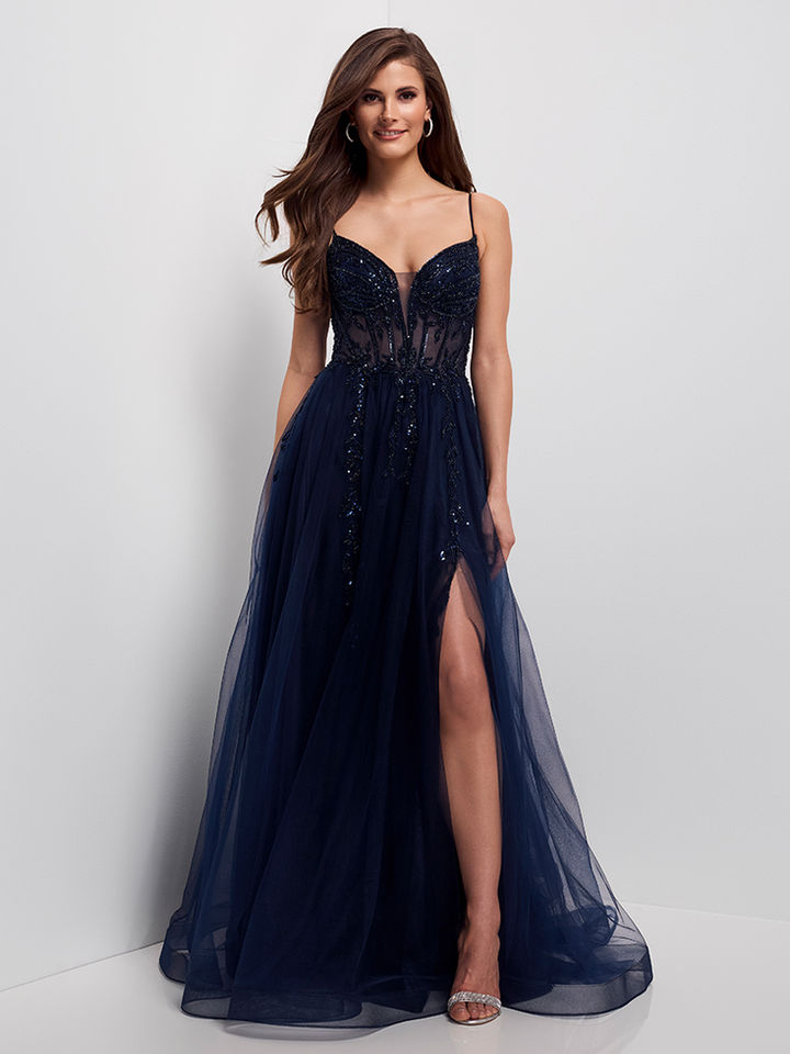 Dunkelblaues Glitzer-Hofstaatkleid mit Tüllrock und Beinschlitz – glamouröses Schützenfestkleid und elegantes Ballkleid