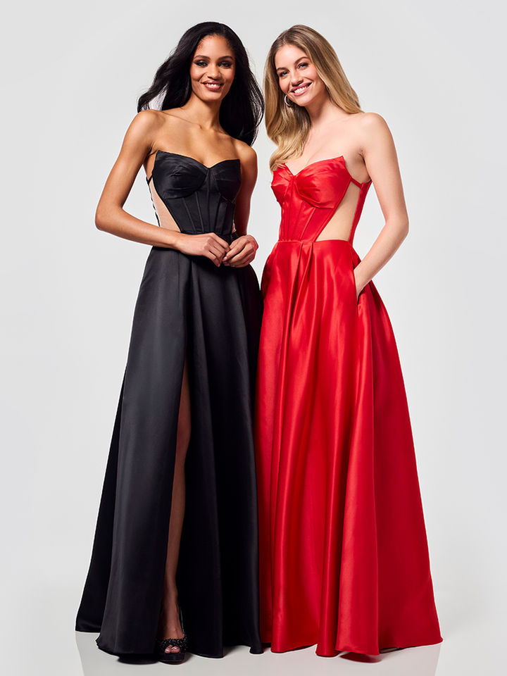 Schwarzes und rotes Hofstaatkleid mit Beinschlitz – glamouröse Schützenfestkleider und elegante Abendkleider