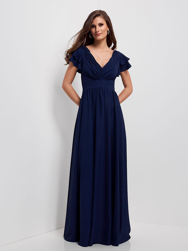 Dunkelblaues Hofstaatkleid mit V-Ausschnitt und fließendem Schnitt – elegantes Schützenfestkleid und klassisches Abendkleid