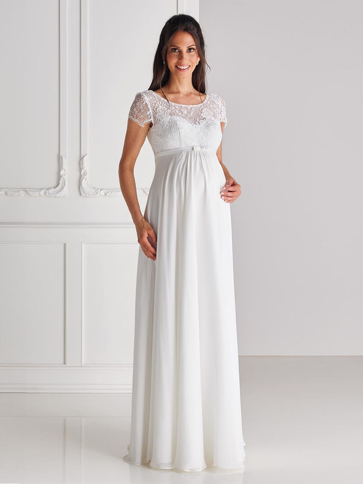 Umstandsbrautkleid in A-Linie mit fließendem Chiffon und Spitze – modernes Schwangerschafts-Brautkleid für standesamtliche und freie Trauung