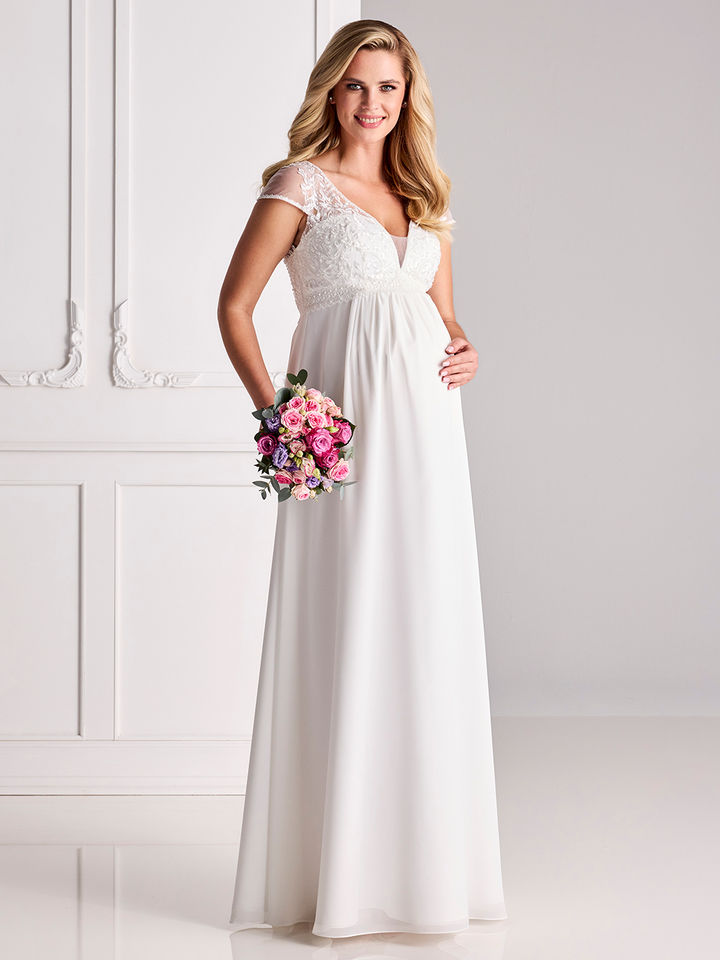 Kurzes Umstandsbrautkleid für standesamtliche Hochzeit – modernes Schwangerschafts-Brautkleid mit femininem Schnitt