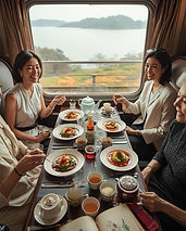 A slightly elevated, dynamic shot inside a luxurious train car (or airplane first-class ca