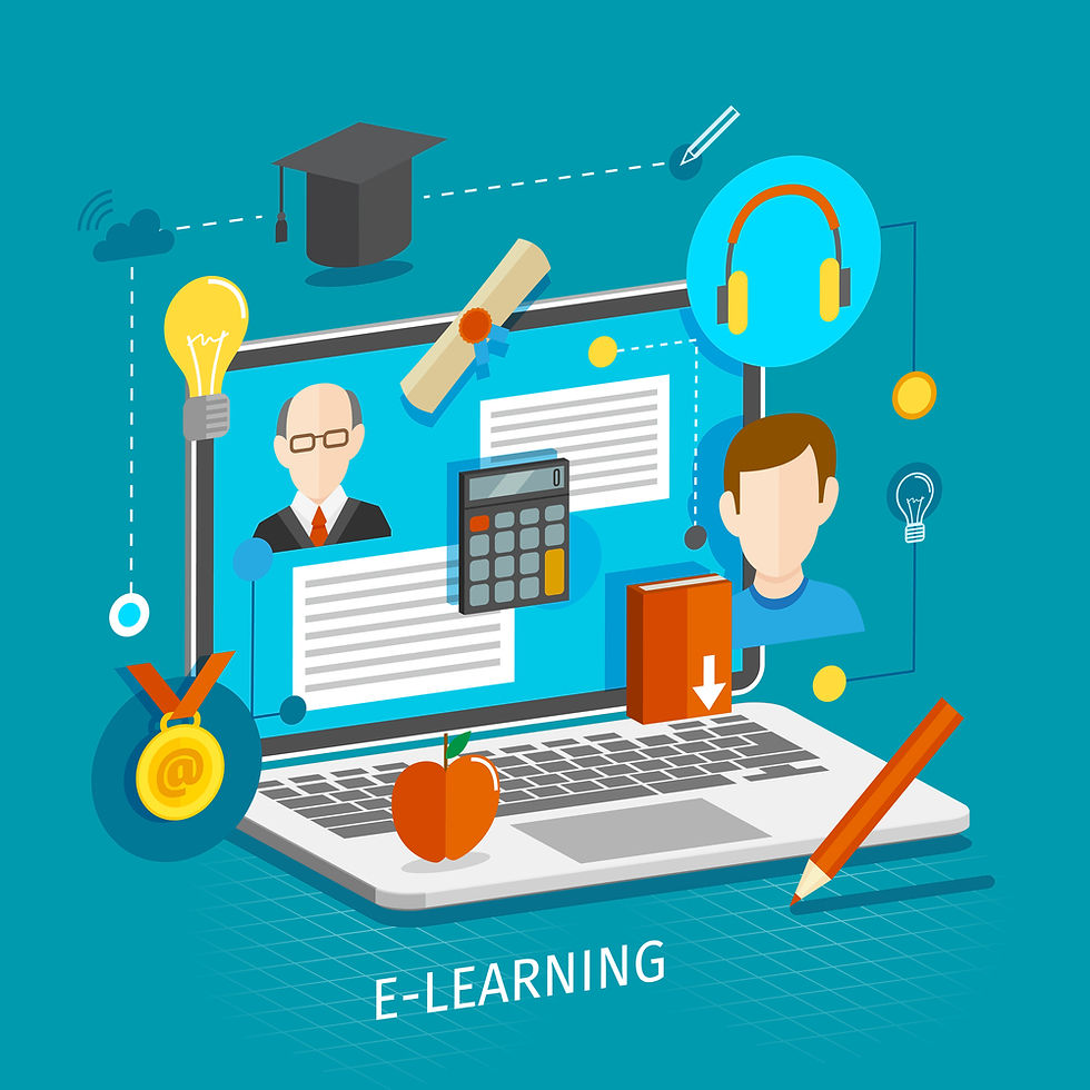 Illustration of a laptop with various e-learning icons including a teacher, student, calculator, diploma, apple, headphones, lightbulb, graduation cap, and textbook, representing online education and virtual learning tools.