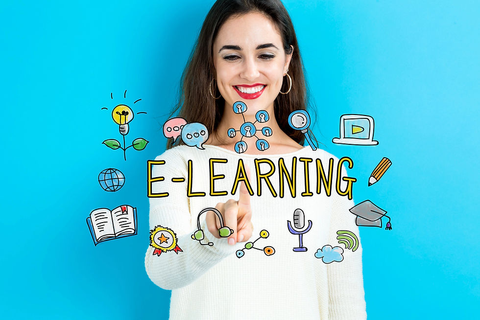 Smiling woman standing against a blue background, pointing at the word “E-LEARNING” surrounded by colorful hand-drawn icons representing education and technology, such as a lightbulb, book, microphone, graduation cap, and laptop.