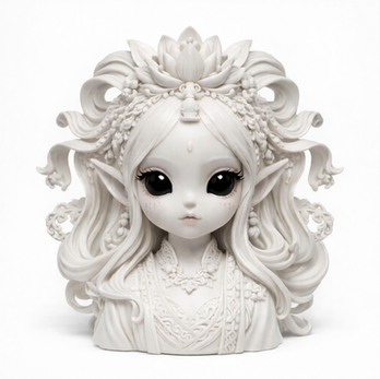 A porcelain white kawaii resin bust of Kuan Yin, crowned with a blooming lotus, part of The Thirteen goddess sculpture series by YuzuYume.