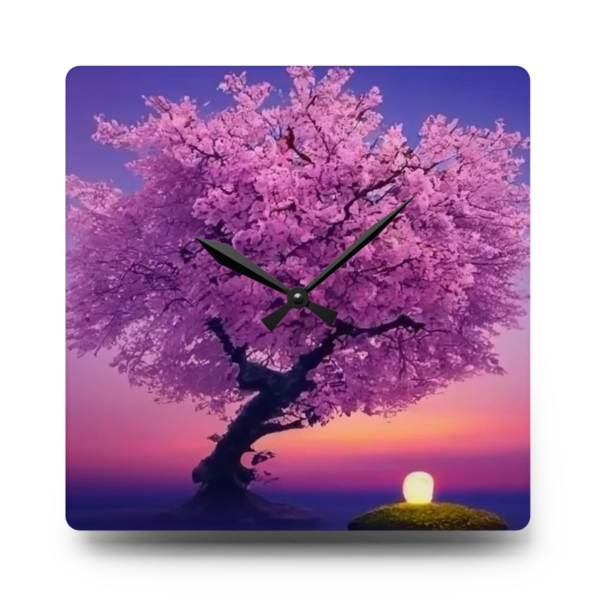 Acrylic Wall Clock-Cherry Blossom Tree on Sunset 