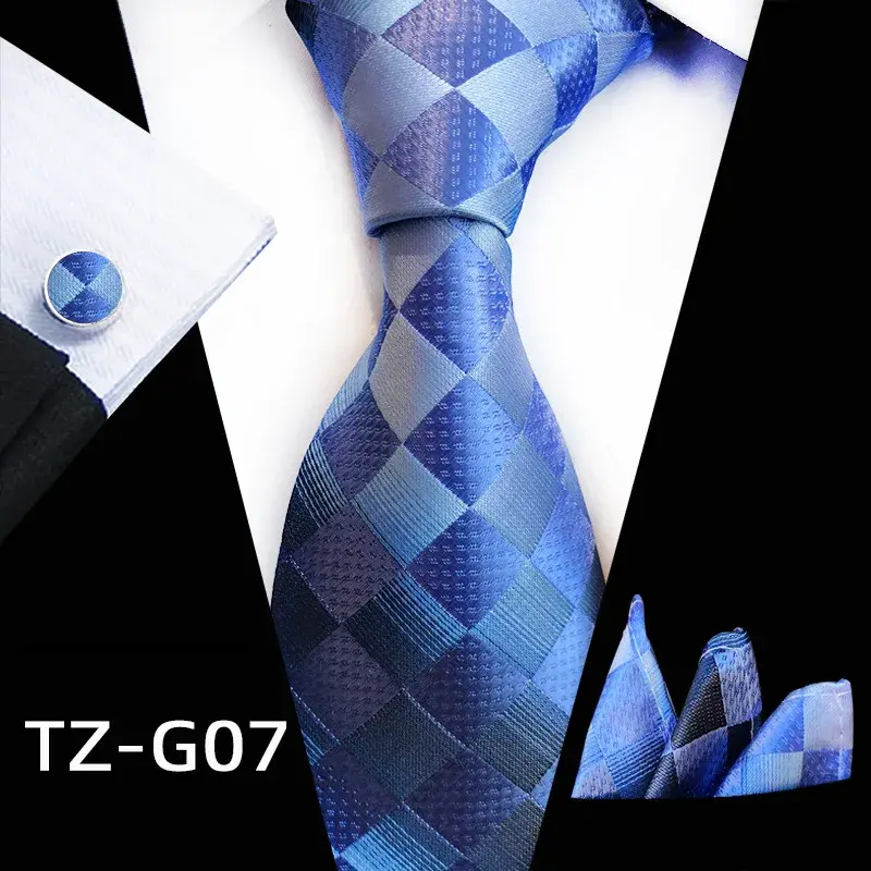 Thumbnail: Men's Plaid Striped Tie Set-Pocket Sq Cufflinks Wedding Business Handkerchief