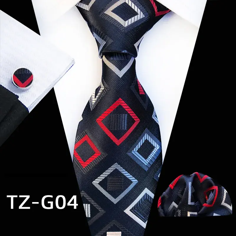 Thumbnail: Men's Plaid Striped Tie Set-Pocket Sq Cufflinks Wedding Business Handkerchief