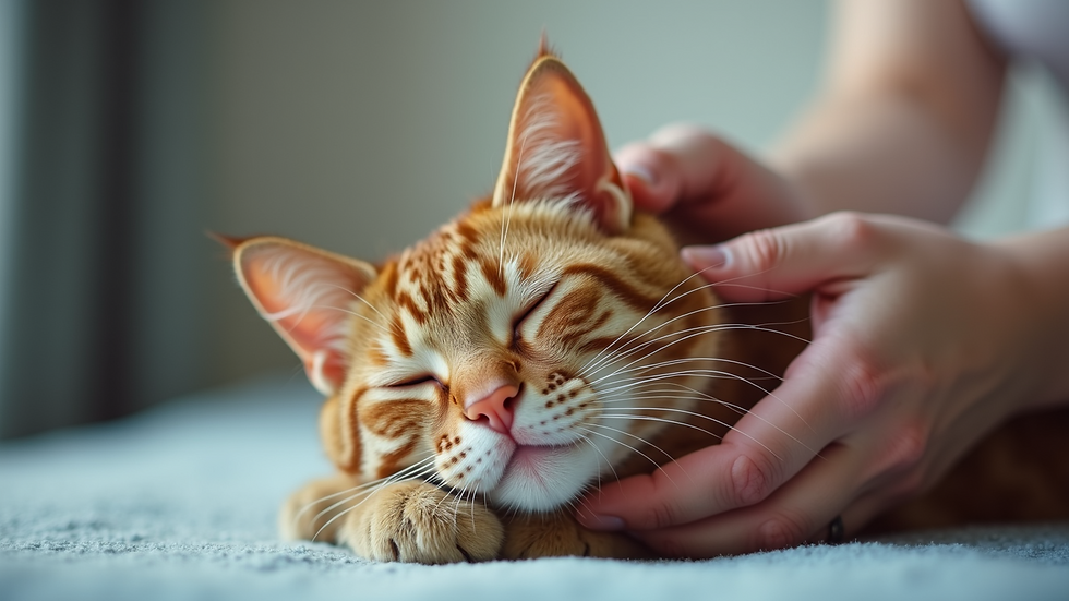 Eye-level view of a practitioner gently placing hands near a relaxed cat