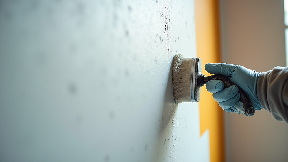 Close-up view of a painter applying primer on a commercial wall