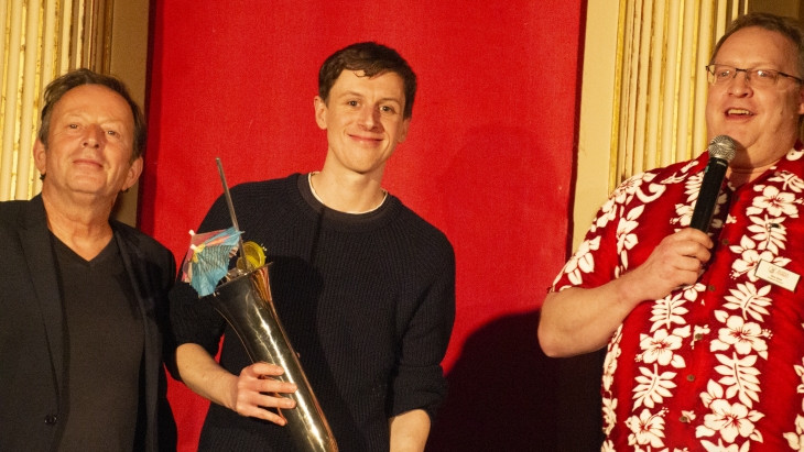 Christopher Donovan receiving his trophy at the Bath Comedy Festival 2026