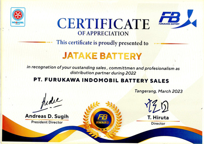 Piagam penghargaan Jatake Battery dari Furukawa Battery periode 2022