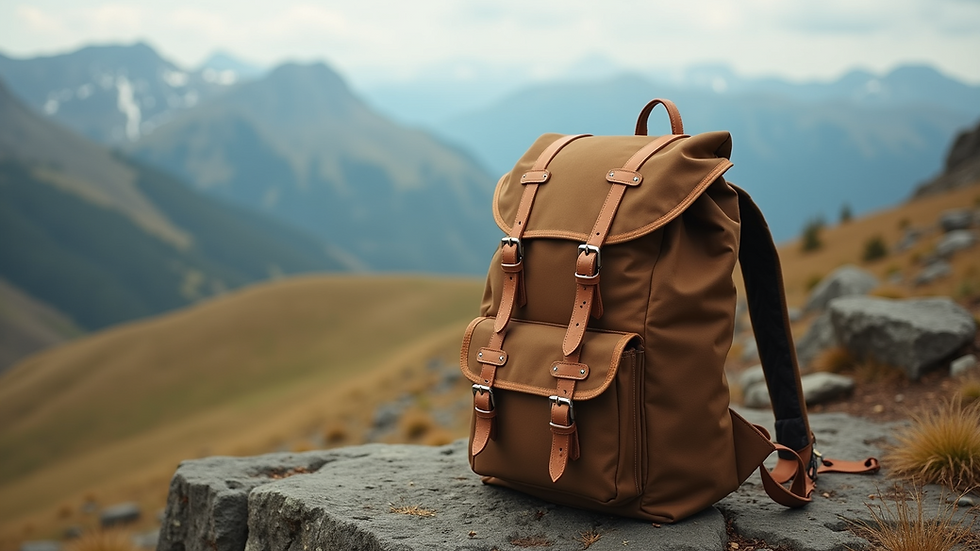 Eye-level view of a cozy travel backpack on a scenic landscape