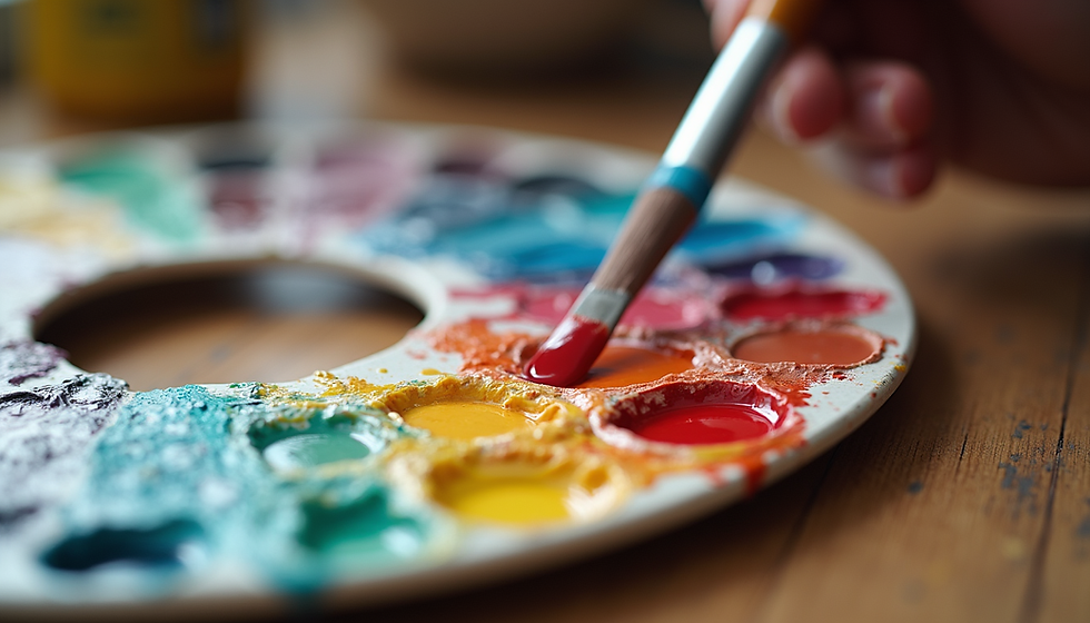 Acrylic paint palette with mixed colors and brushes ready for us