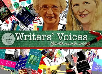 A colorful collage featuring the covers of different books and the podcast hosts.