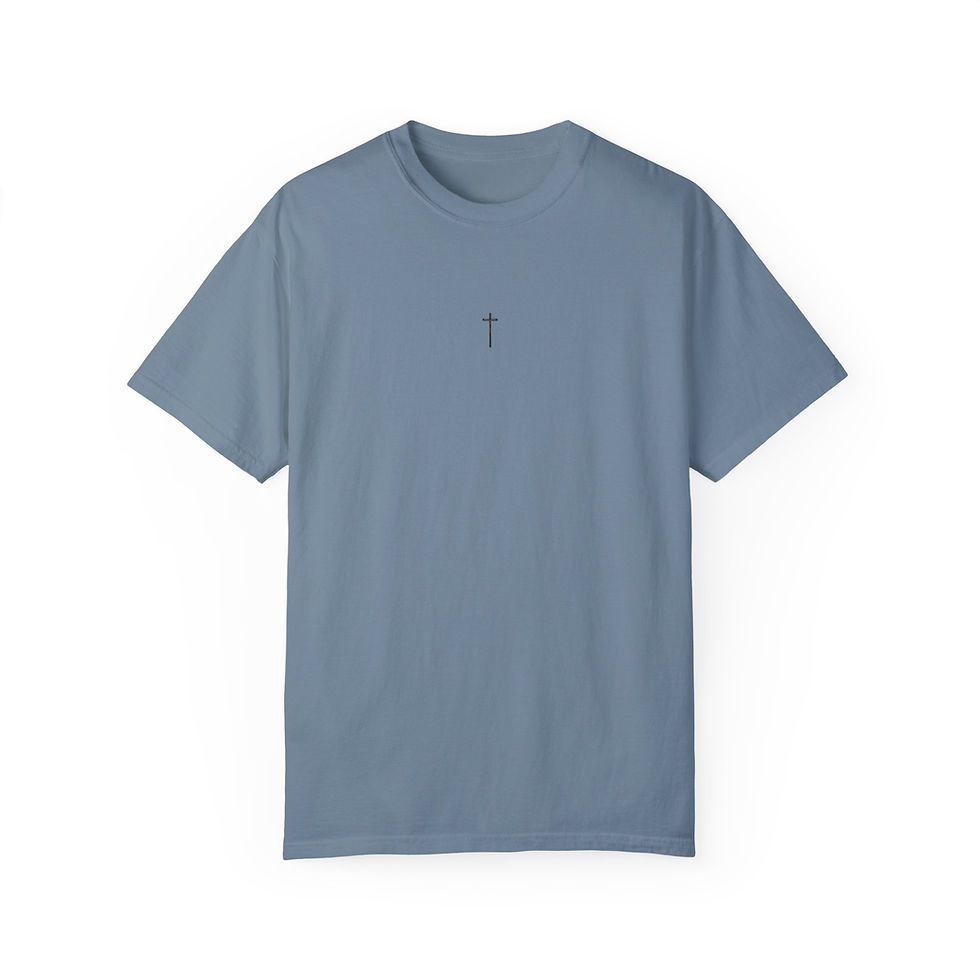 picture T-shirt with a simple cross on the front and picture of the ocean on the back with a scripture to go along with it.