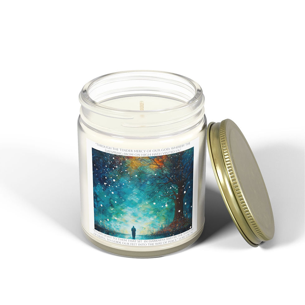 Scented candle with a Christian message and picture