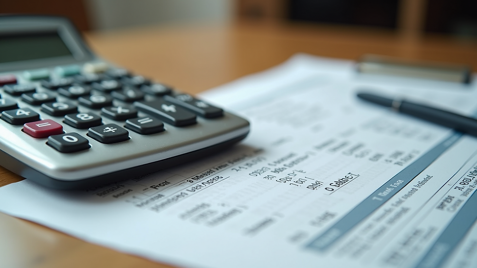 Close-up view of a calculator and tax forms on a wooden desk