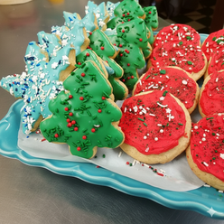 Christmas sugar cookies, snowflake shaped cookie, christmas tree shaped sugar cookie, buttercream sugar cookie