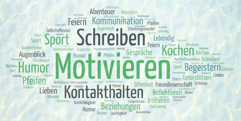 Eine Wortwolke mit Begriffen, die Ray's Stärken bezeichnen. Am größten sind Motivieren, Schreiben, Kontakthalten, Humor Sport und Kochen