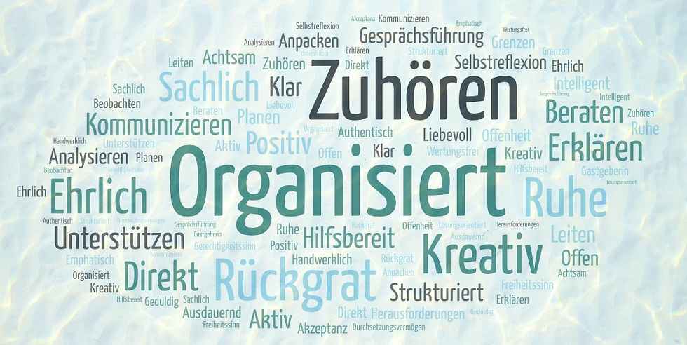 Eine Wortwolke mit Begriffen, die May's Stärken beschreiben. Am größten dargestellt sind Organisiert, Zuhören, Ehrlich, Rückgrat, Kreativ und Ruhe.