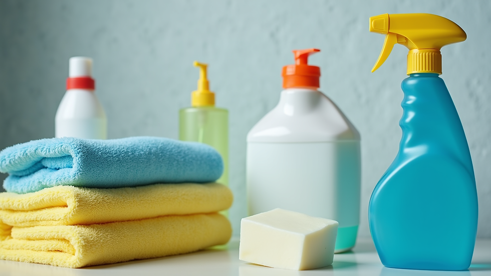 Close-up view of professional cleaning supplies arranged neatly