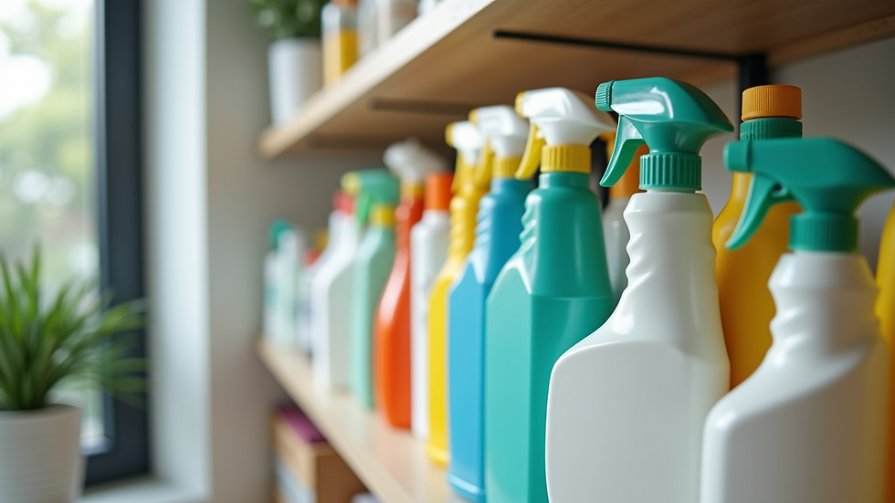 High angle view of cleaning supplies arranged neatly on a shelf