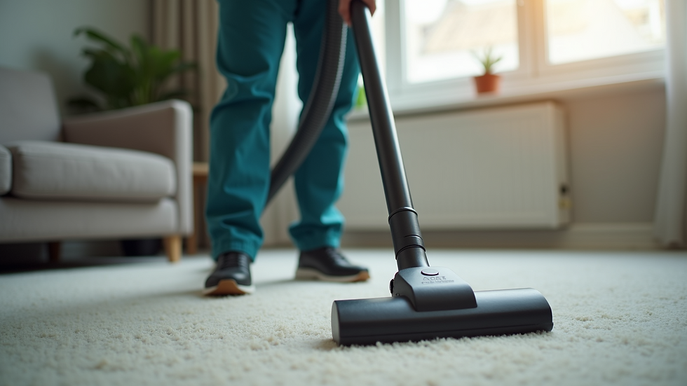 Close-up view of a professional cleaner using a vacuum on a carpet
