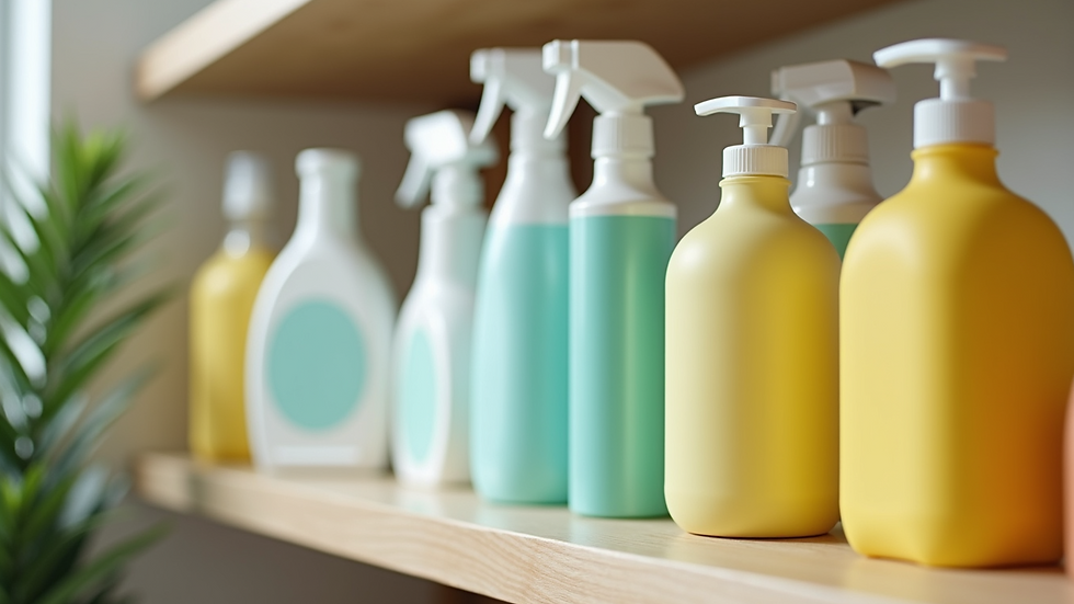 Close-up view of eco-friendly cleaning products arranged neatly on a shelf