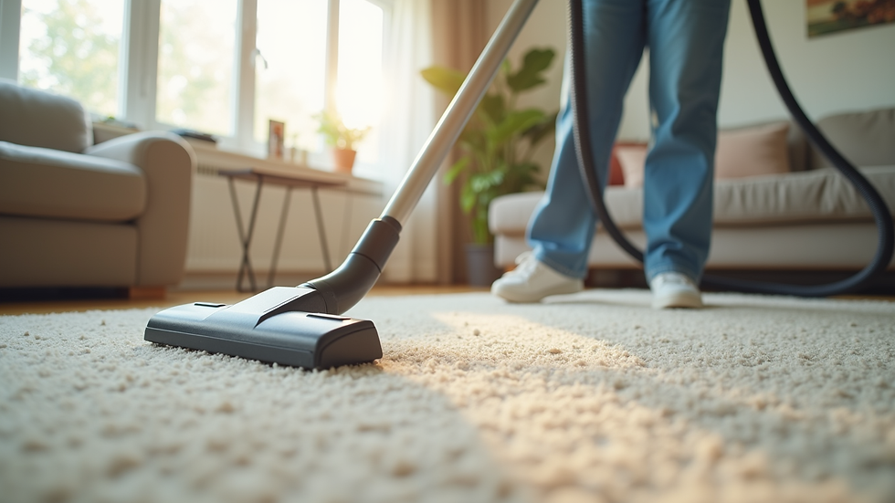 Close-up view of a professional cleaner vacuuming a carpet in a bright living room