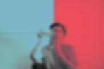 asian man on a cup and string phone with a blue and pink overlay