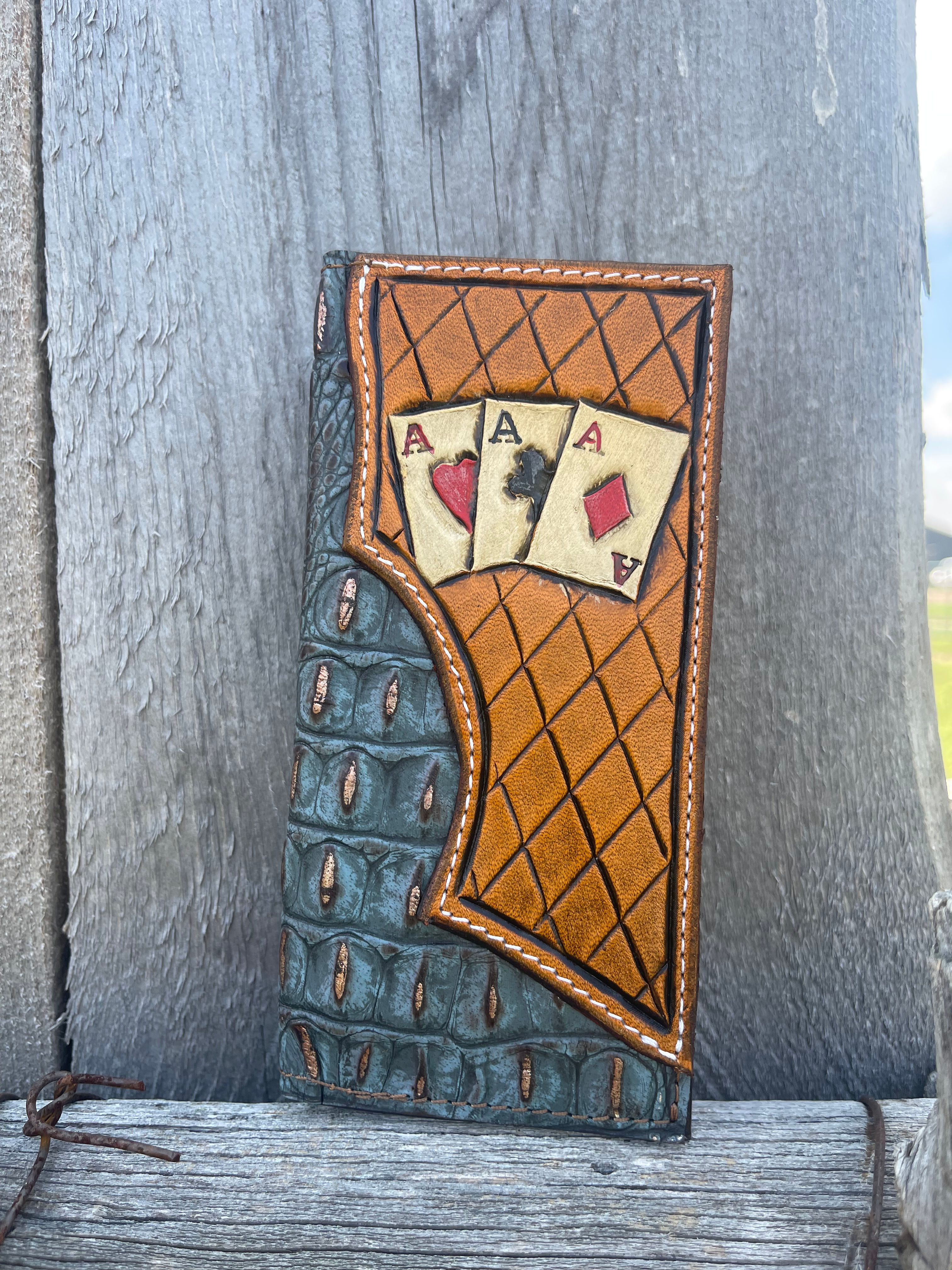 Hand tooled Western leather checkbook wallet with floral design