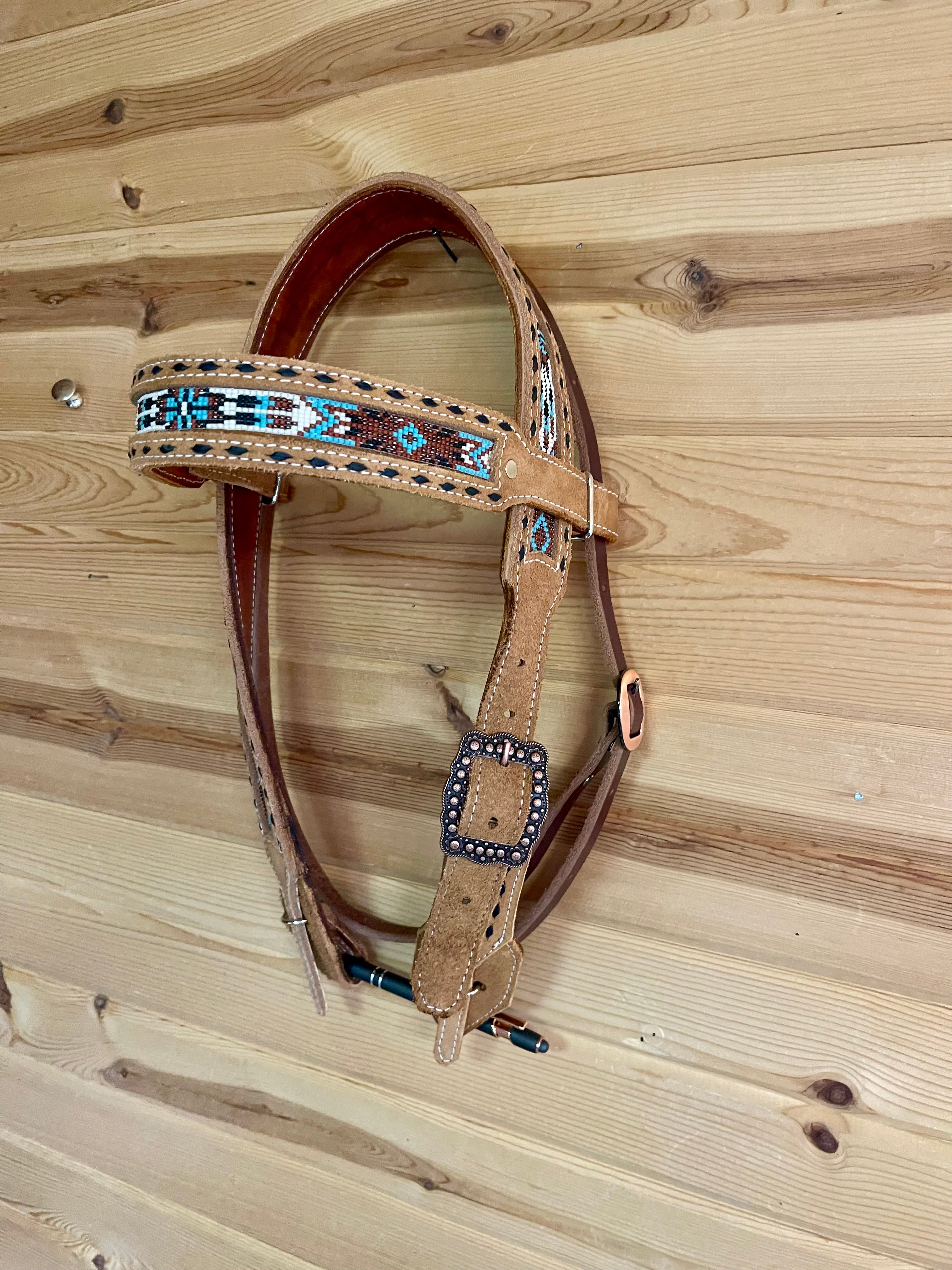 Rough out Beaded  Headstall  #1536 Front Right Side