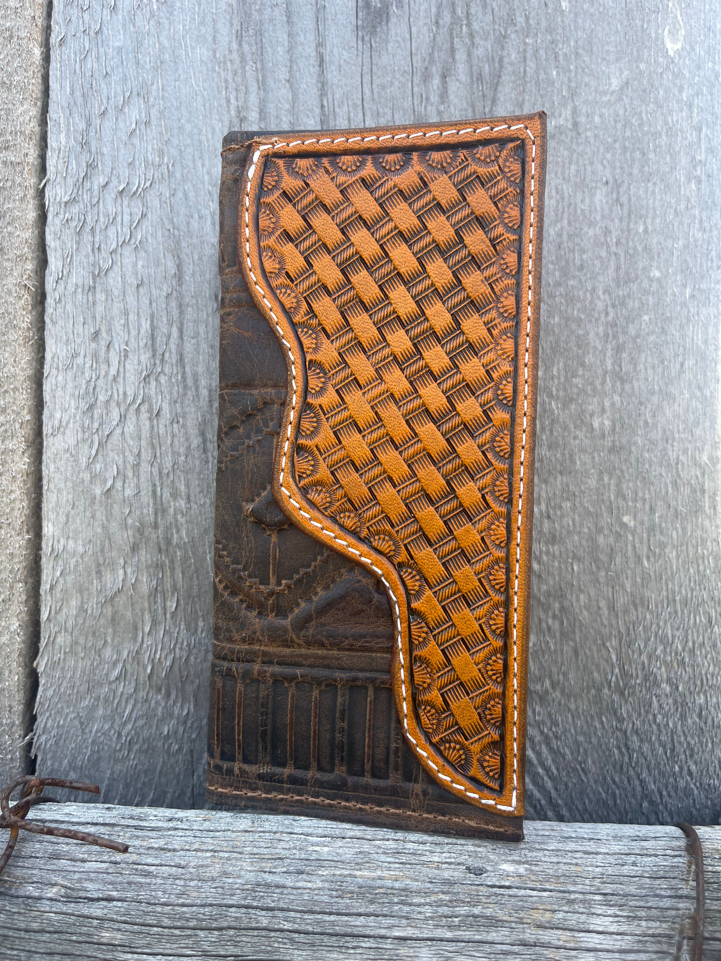 Hand tooled Western leather checkbook wallet with floral design