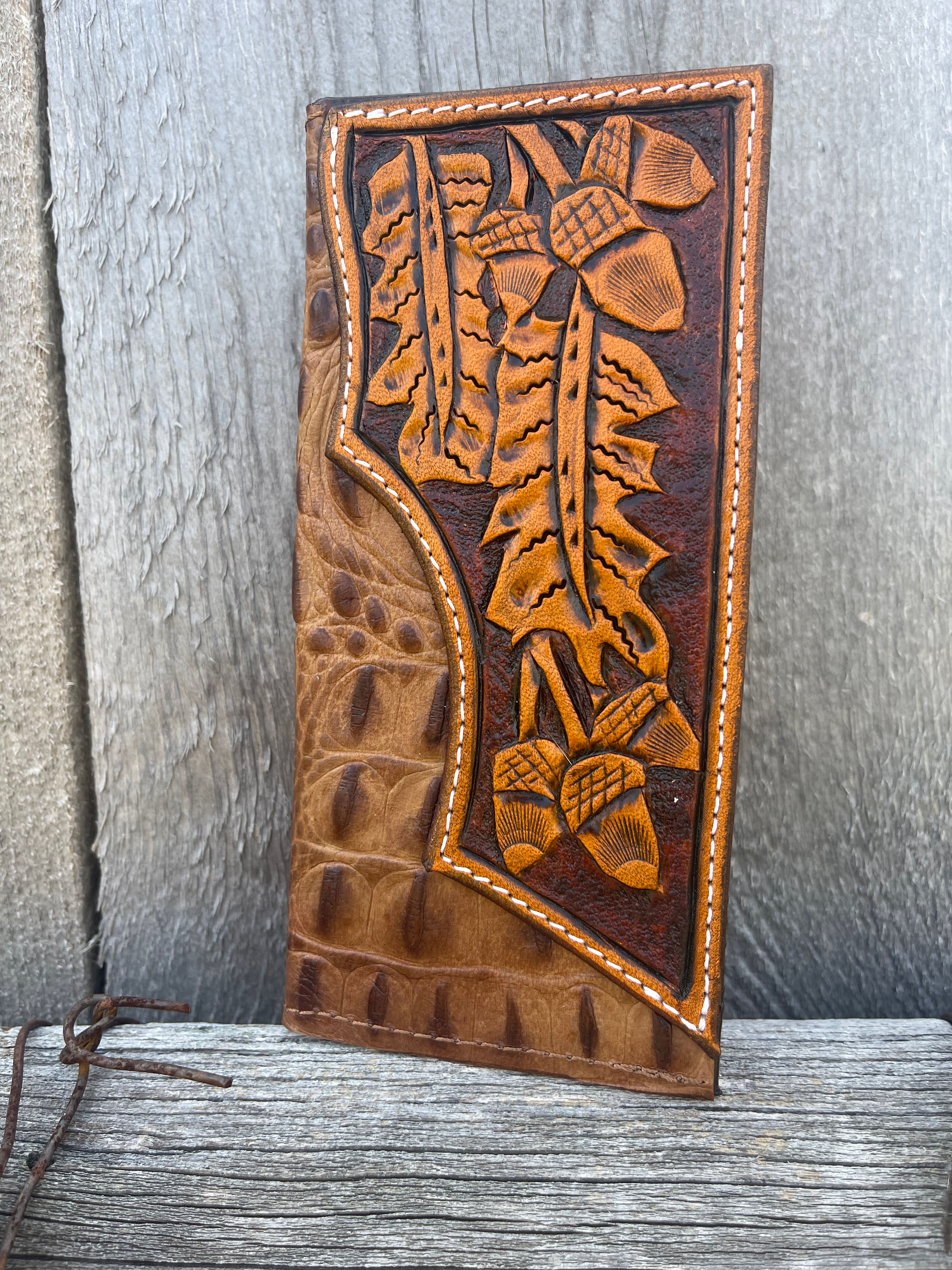 Hand tooled Western leather checkbook wallet with tooled design