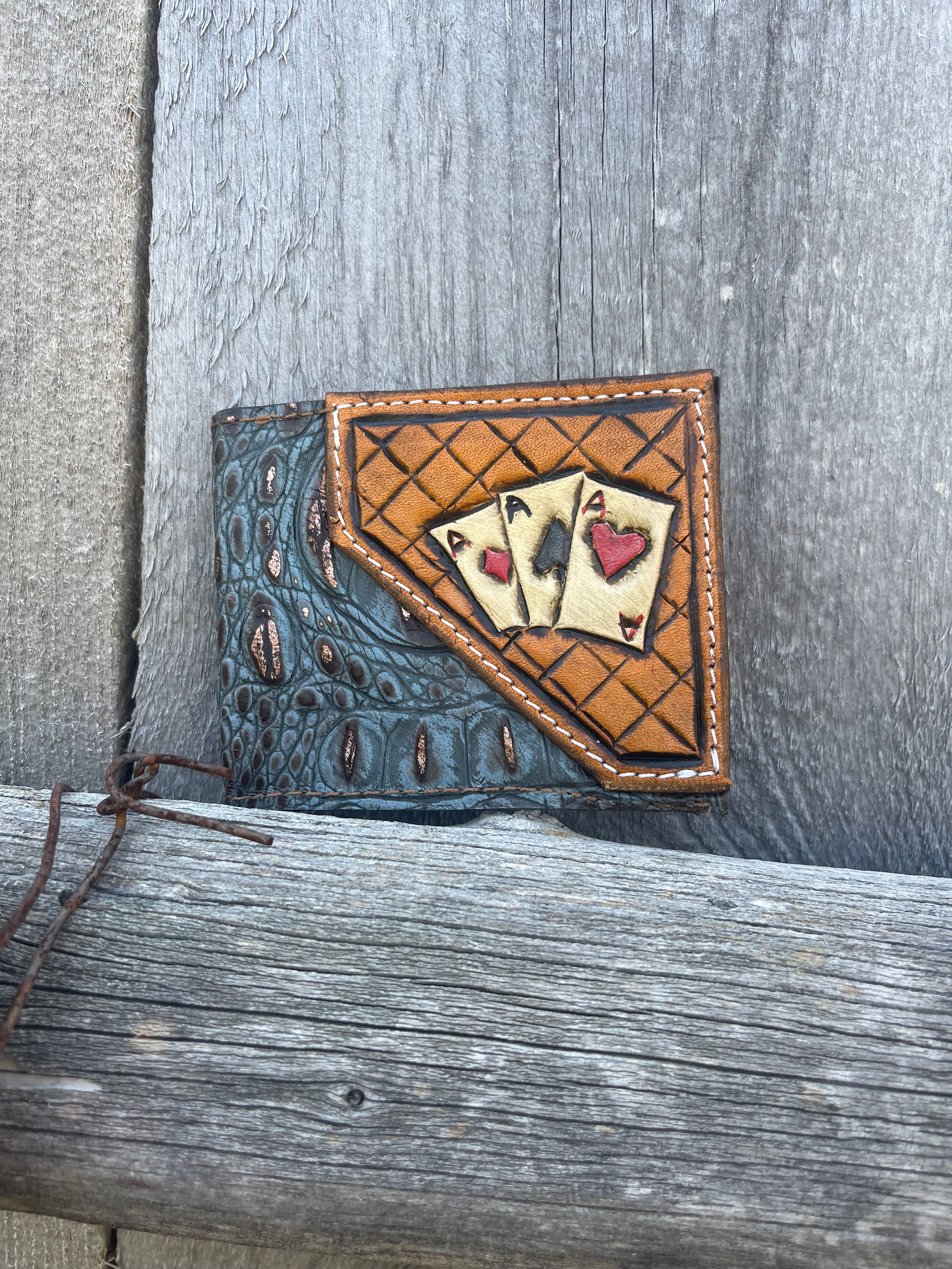 Handcrafted Western leather bifold wallet with playing card design