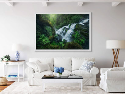 Fine art landscape photography print showing a lush waterfall and forest.