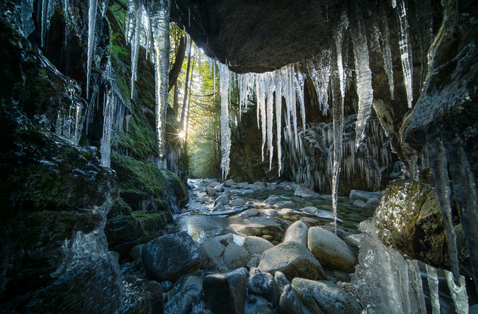 Alcove in a forest canyon framed by long, clear icicles with a bright sunstar shining down on a rocky riverbed.