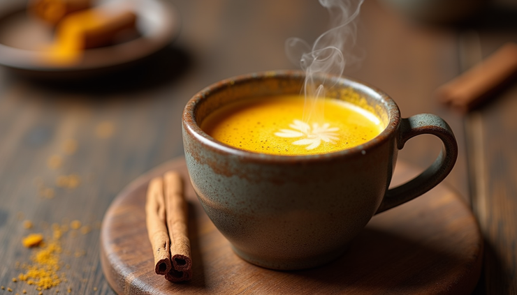 Eye-level view of a steaming cup of golden turmeric latte on a wooden table with cinnamon sticks nearby