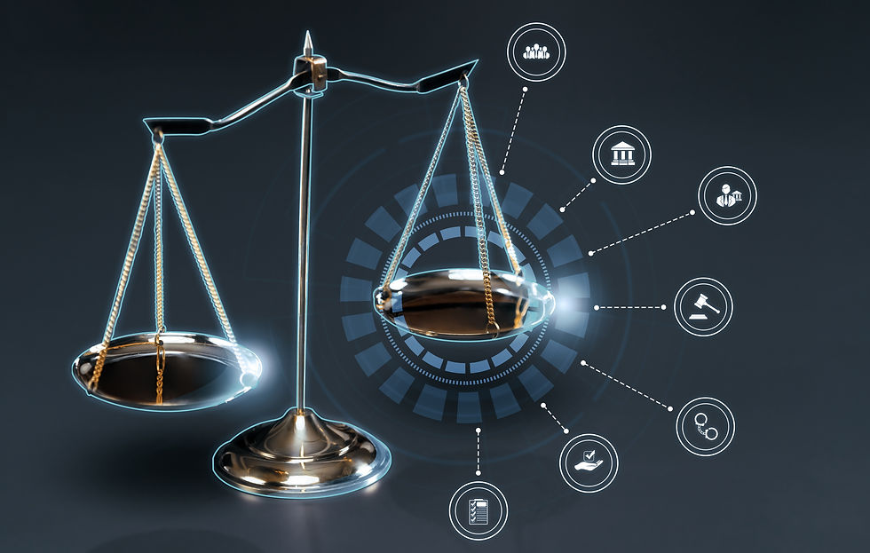 Digital scales with icons representing justice concepts, glowing silver on a dark background, conveying a futuristic legal theme.