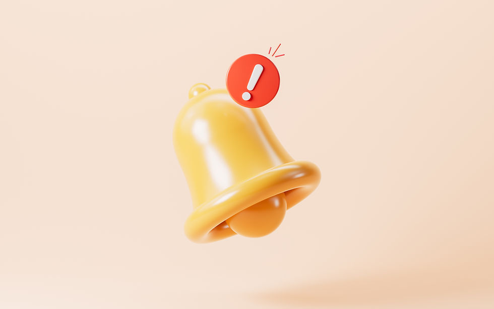 Yellow notification bell with red alert icon, featuring an exclamation mark, on a light peach background.