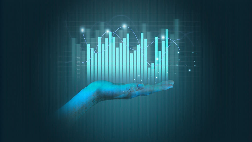 A blue hand holds glowing digital bar graphs and lines on a dark background, symbolizing data visualization and futuristic technology.